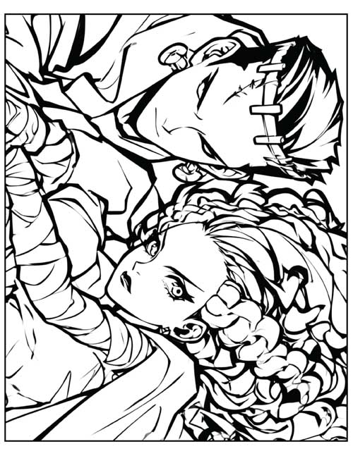 graphic comic style coloring page of Frankenstein's monster and the bride of Frankenstein