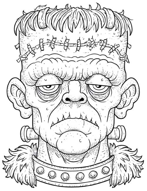 detailed coloring page of a grumpy Frankenstein's monster with a studded collar