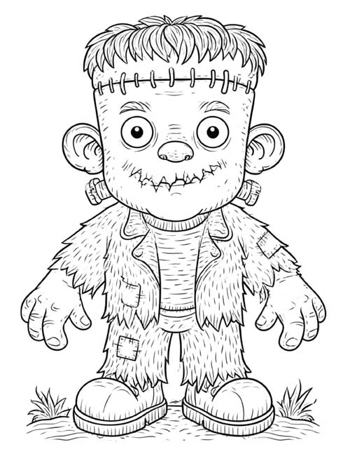 cute coloring page of a smiling Frankenstein's monster in a fuzzy jacket and big boots