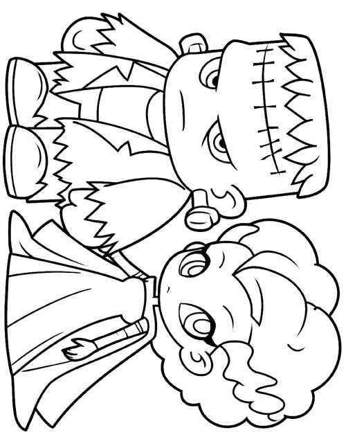 preschool coloring page of Frankenstein's monster and the bride of Frankenstein