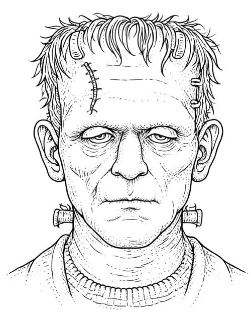 realistic coloring page portrait of Frankenstein's monster with a stitched forehead