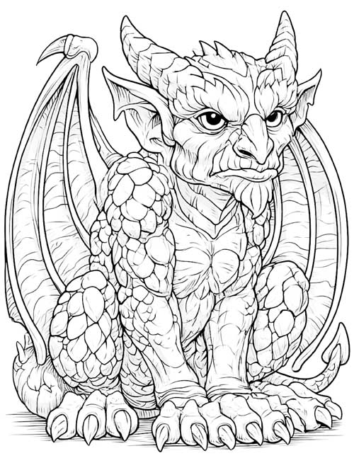 Coloring page of a seated gargoyle with rocky scaled skin, curved horns and large wings behind it