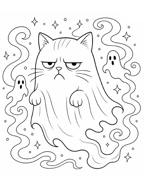 Preschool coloring page of a ghostly grumpy cat