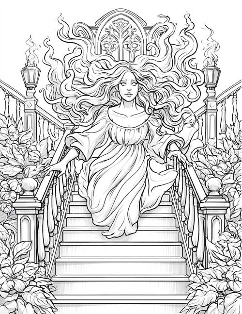 coloring page of a ghost in a castle