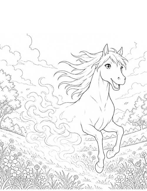 Coloring page of a smiling ghost horse galloping through a meadow