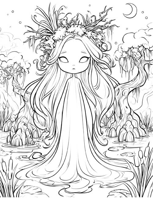 Classic coloring page of a spooky, cute ghost in the swamp