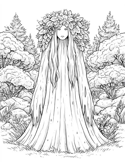 coloring page of a ghost in a forest