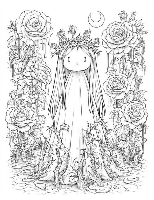 coloring page of a rose ghost in a garden