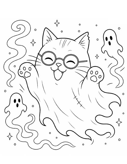 Cartoon coloring page of a giggling ghost cat in round glasses
