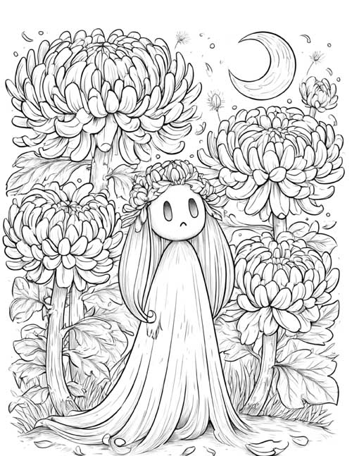 coloring page of a ghost in a chrysanthemum garden
