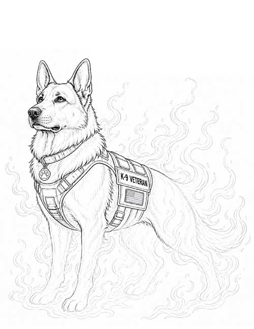 Coloring page of a ghostly K-9 veteran dog in a service vest