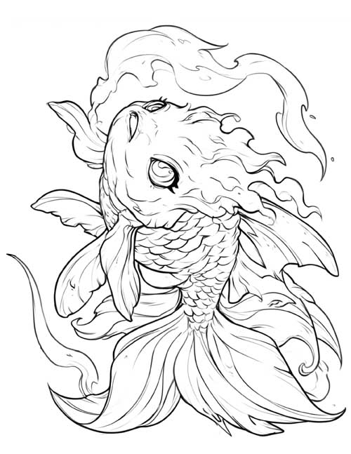Sketch-style coloring page of a ghostly fish with long flowing fins
