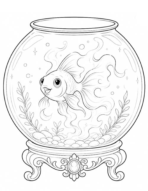 Coloring page of a ghost goldfish in a bowl that looks like a crystal ball