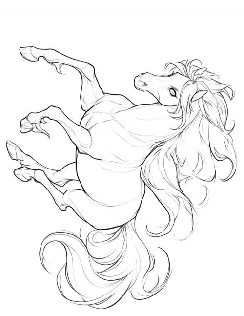 Sketch-style coloring page of a ghost horse rearing with a flowing mane