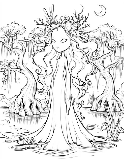 coloring page of a ghost in a pond