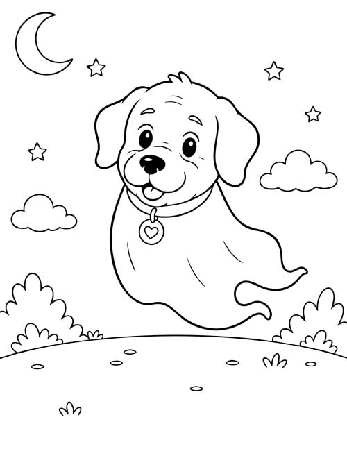 Preschool coloring page of a happy ghost puppy under the moon