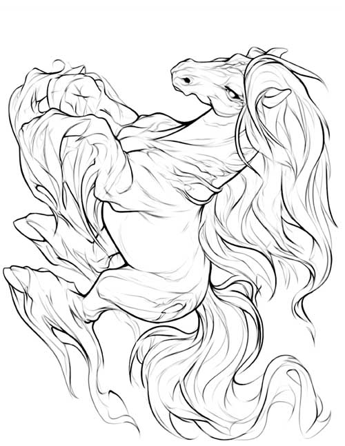 Sketch-style coloring page of a wild ghost horse with smoky, wispy legs