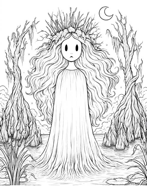 coloring page of a ghost in a swamp