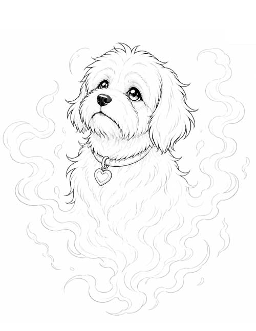 Coloring page of a fluffy little ghost dog with a heart tag