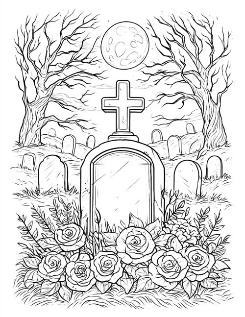 detailed coloring page of graveyard with roses
