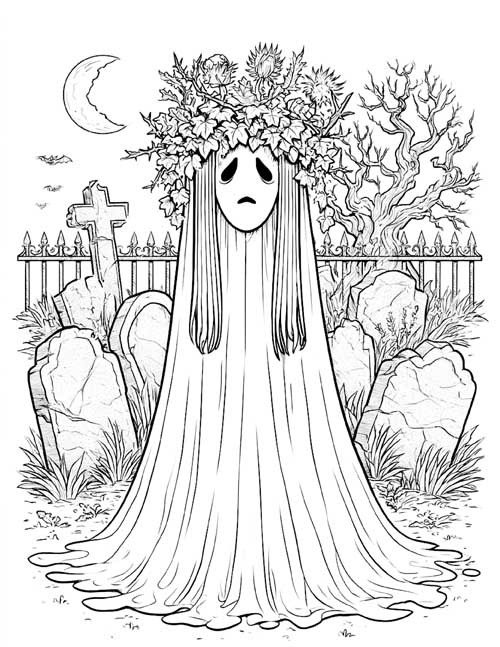 Detailed coloring page of a ghost in a graveyard