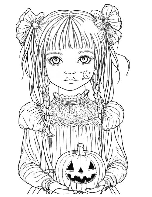 gothic girl and a jack-o-lantern coloring page