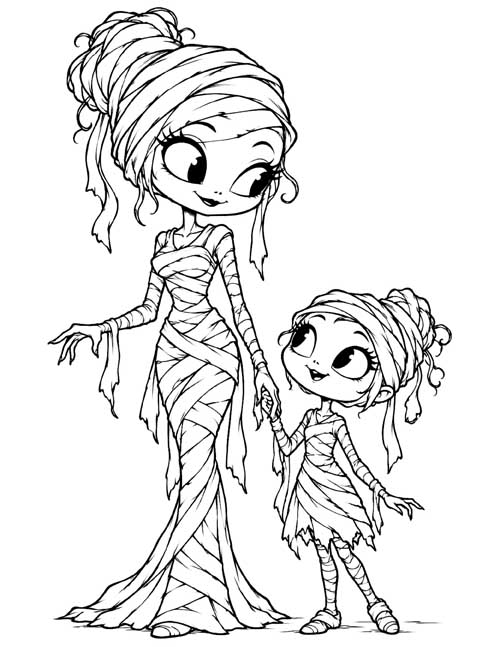 cute coloring page of a mommy mummy and her mummy daughter