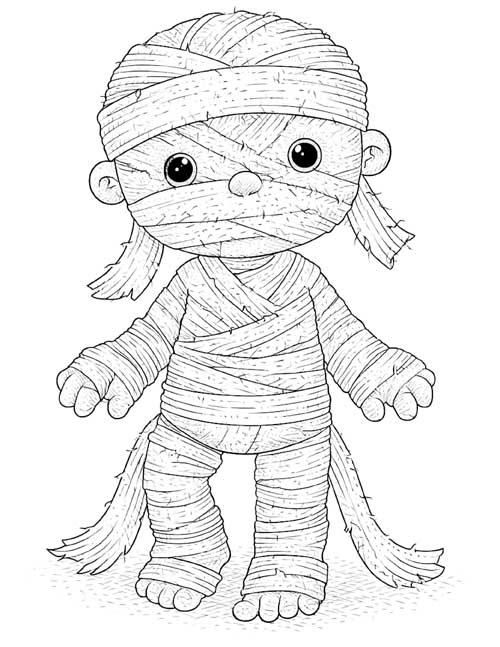 ink sketch coloring page of a cute mummy kid
