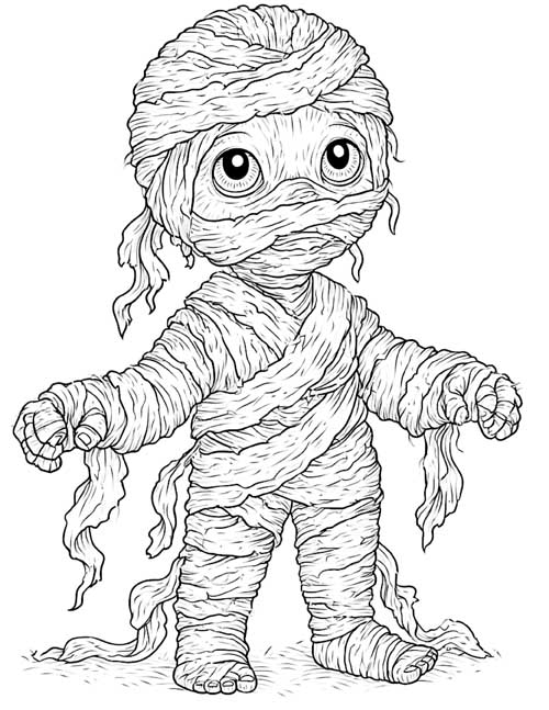 ink sketch coloring page of a wistful mummy
