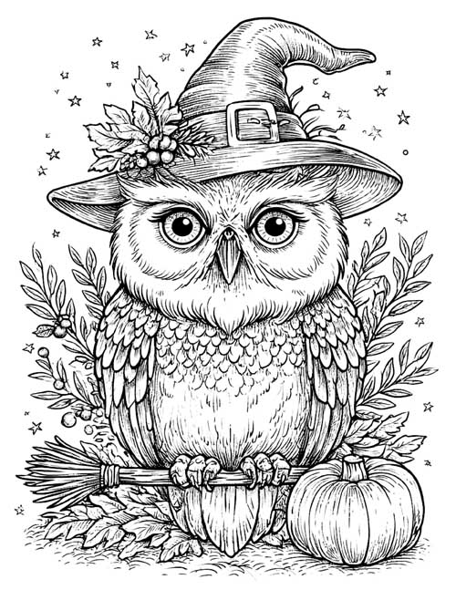 Detailed coloring page of an owl in a witch's hat trimmed with leaves and berries, perched on a broom beside a pumpkin