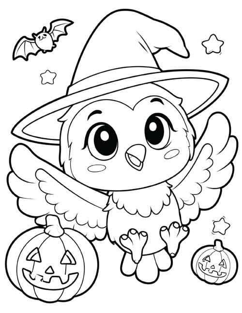 Coloring page of a cute owl in a witch's hat flying with a bat and two jack-o'-lanterns