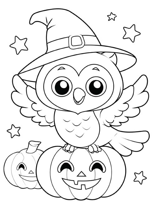 Coloring page of a cute owl in a witch's hat perched on top of a jack-o'-lantern