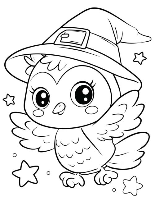 Owl in a witch's hat flying among the stars coloring page