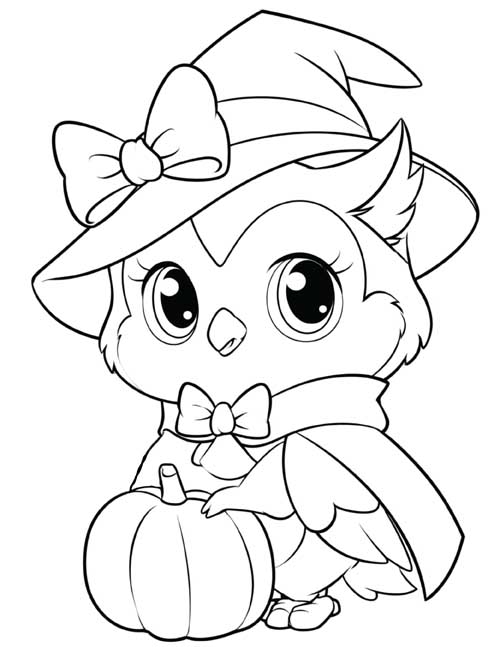 Coloring page of a cute owl in a witch's hat with a bow and a cape, standing beside a pumpkin