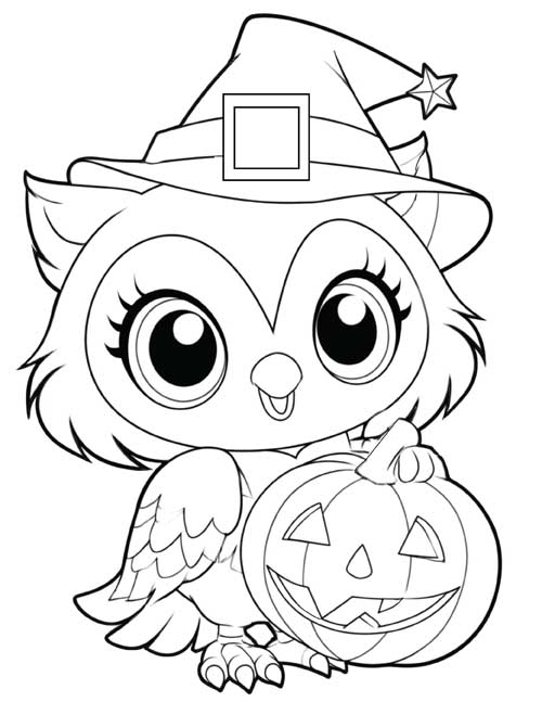 Coloring page of a cute owl in a witch's hat holding a jack-o'-lantern