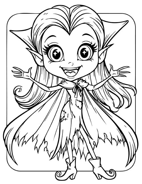 Cheerful chibi vampire girl with big sparkly eyes, pointed ears, and a tattered cape, smiling with arms open wide