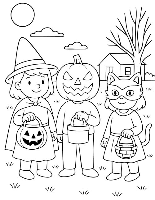 easy coloring page of a trick or treaters