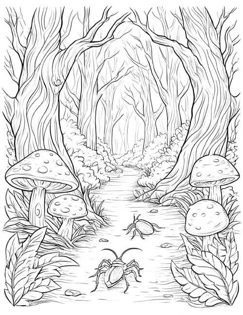 coloring page of a spooky forest path with beetles walking on it