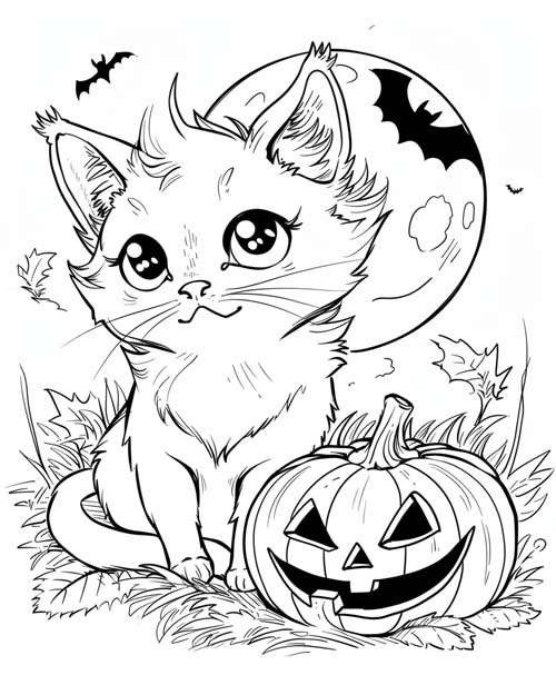 coloring page of a cat on Halloween night