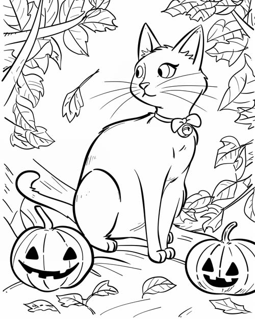 Halloween coloring page of a nervous cat