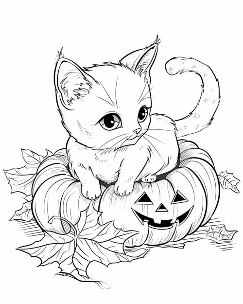 coloring page of a Kitten and a jack-o-lantern