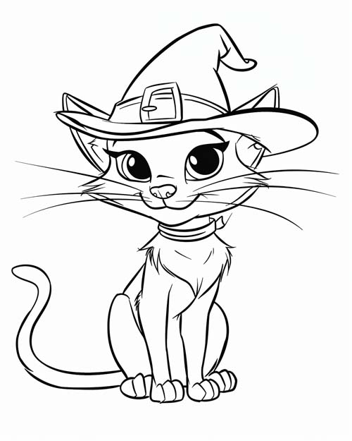 coloring page of a cat with a witch's hat