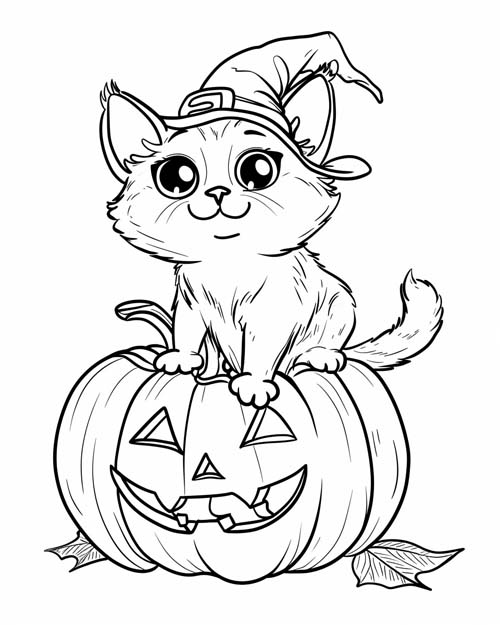 coloring page of a witch's cat and a Jack-o-Lantern