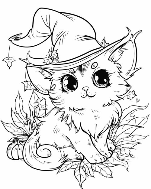 coloring page of a witch's kitten