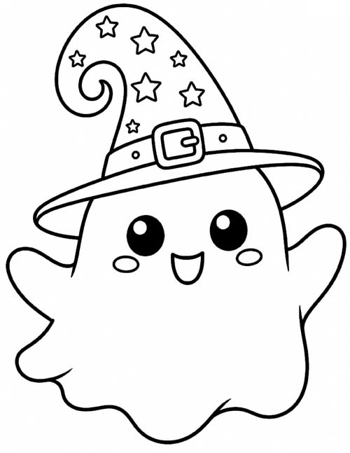 Cartoon coloring page of a cute Halloween ghost wearing a curly witch's hat
