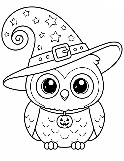 Cartoon coloring page of a cute Halloween owl wearing a curly witch's hat