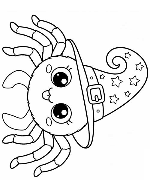 Cartoon coloring page of a cute Halloween spider wearing a curly witch's hat
