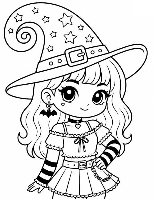 Cartoon coloring page of a cute goth witch