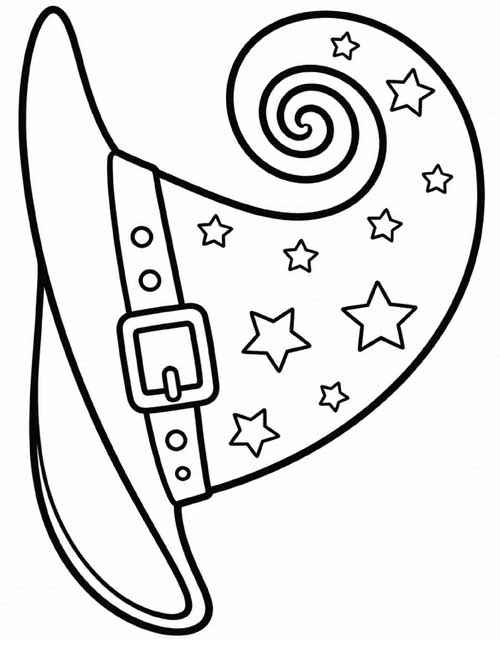 Cartoon coloring page of a star-covered witch's hat