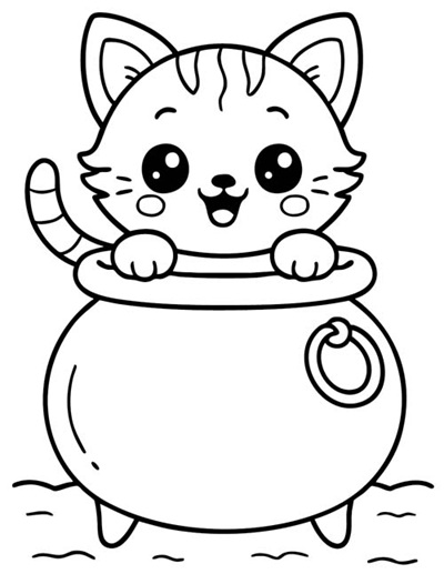 Cartoon coloring page of a kitten peeking over a witch's cauldron